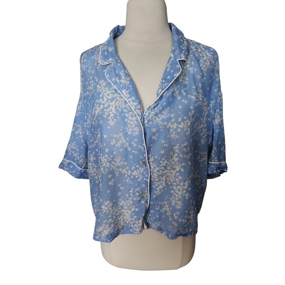 Papinelle Cherry Blossom Pajama Top Womens M Cornflower Blue Cotton Silk Boxy - Picture 2 of 8
